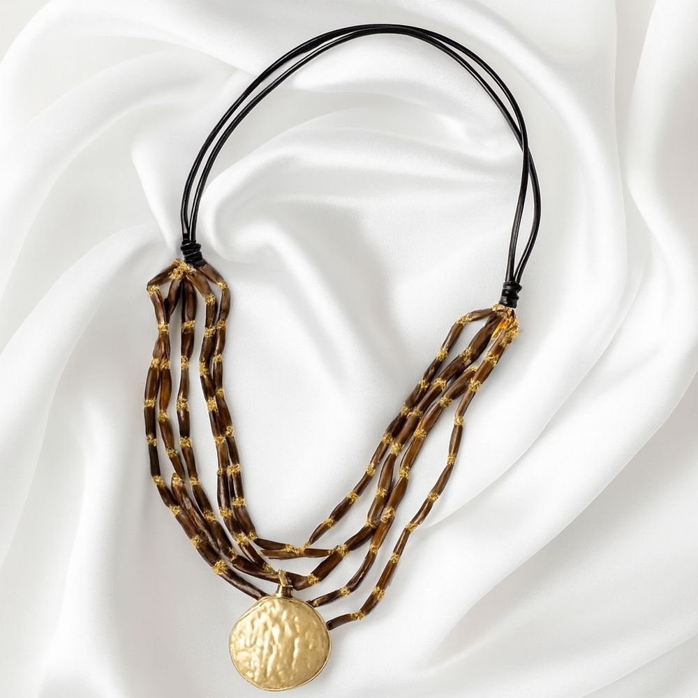 Hammered Gold Pendant Multi-Strand Beaded Necklace — Luxury Handcrafted Jewelry